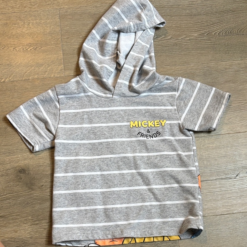 Disney Gray & White Striped Hooded Kids Tee with Yellow Mickey Graphic